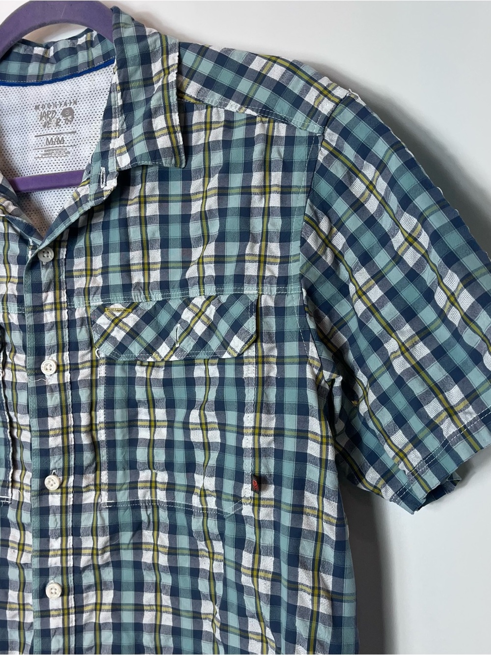 Mountain Hardwear Men's Large Blue Plaid Short Sleeve Shirt Casual Y2K Medium - Picture 2 of 5